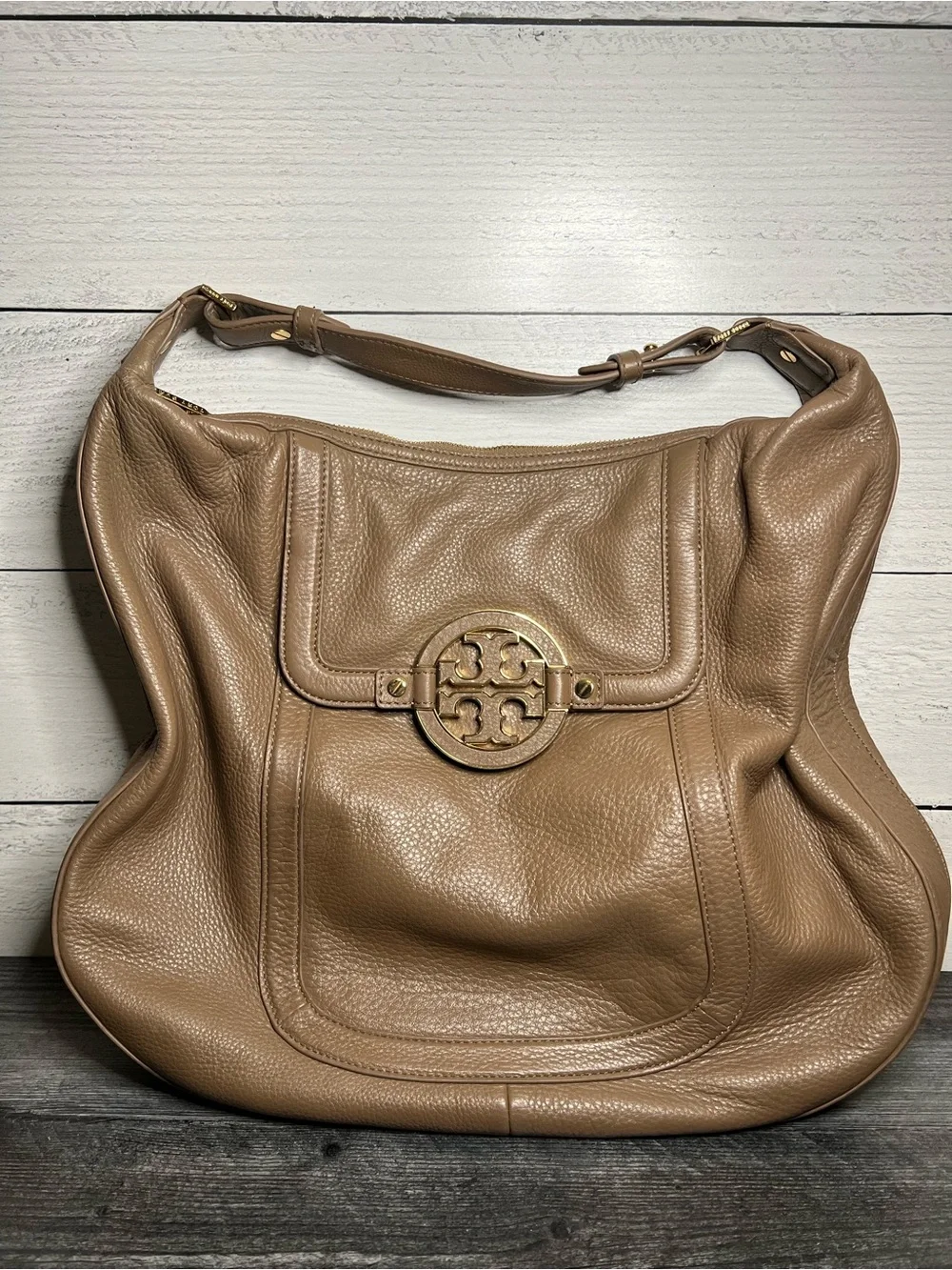 Tory Burch Taupe Pebbled Leather Shoulder Bag with Gold Logo